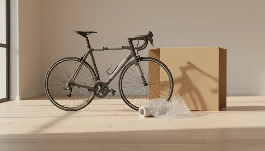Bicicletta da corsa accanto allo scatolone piatto per bici e al pluriball, pronta per essere imballata