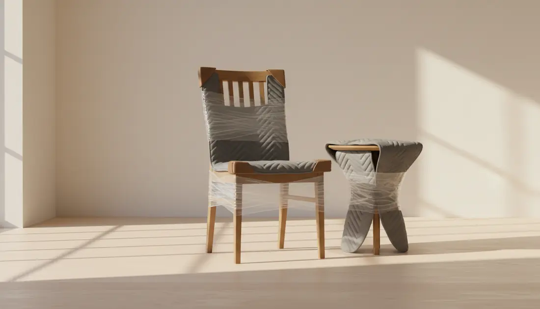 Sedia e tavolino avvolti in coperte imbottite e film estensibile con paraspigoli in cartone